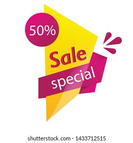 Yellow purple abstract elements. 50% Sale banner template design. Big sale special offer. Special offer banner for poster, flyer, brochure, sticker. Yellow purple vector illustration.
