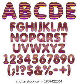 Yellow and purple alphabet, letters, numbers and signs from round layers. Set of color vector isolated objects on a white background.