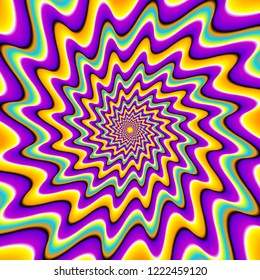 Yellow and purple background with blue spirals. Optical expansion illusion.