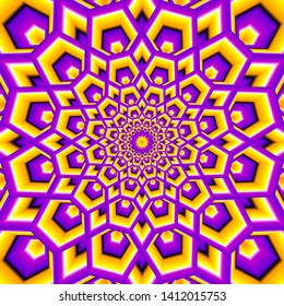 Yellow and purple background with flower in techno style. Motion illusion.