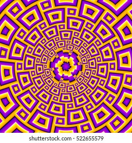 Yellow and purple background with flower in techno style. Optical illusion of movement
