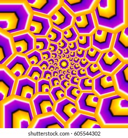Yellow and purple background with flower in techno style. Spin illusion.