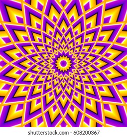 Yellow and purple background with flower in techno style. Optical expansion illusion.