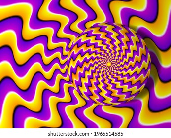 Yellow and purple background with moving spher. Spin illusion.