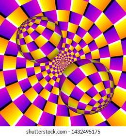 Yellow and purple background with moving spheres. Spin illusion.