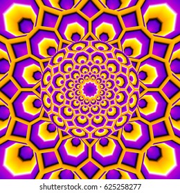 Yellow and purple background from octagons with growing sphere in techno style. Optical expansion illusion.