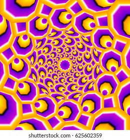 Yellow and purple background from octagons with rotating sphere in techno style. Spin illusion.