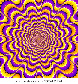 Yellow and purple background with orange spirals. Motion illusion.