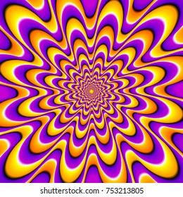 Yellow and purple  background with orange spirals. Optical expansion illusion.