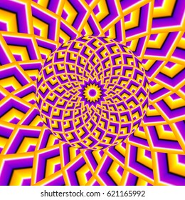 Yellow and purple background with the rotating sphere in techno style. Spin illusion.