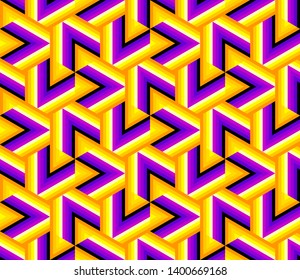 Yellow and purple background with triangles. Motion illusion. Seamless pattern.