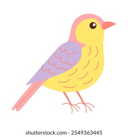 A yellow and purple bird is standing on a white background. The bird has a cute and playful expression on its face