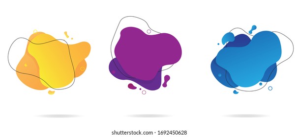 Yellow, purple, blue geometric abstract elements set. Dynamical colored forms and lines. Flowing shapes banners. Template for design of logo, flyer, presentation, vector illustration