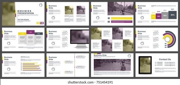 Yellow and purple business presentation slides templates from infographic elements. Can be used for presentation, flyer and leaflet, brochure, marketing, advertising, annual report, banner, booklet.