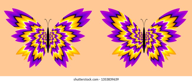Yellow and purple butterflies. Optical expansion illusion.