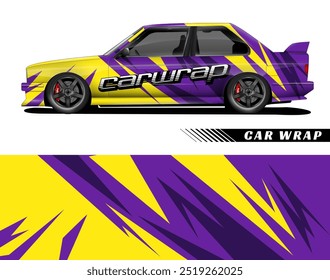Projeto de envoltório de carro amarelo e roxo com formas abstratas adequadas para a marca automotiva e materiais de publicidade para um olhar moderno.
