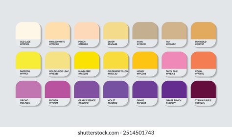 Paleta de colores amarillo y púrpura, púrpura y amarillo Guía de colores Paleta con nombres de colores. Moda Trend Colores dulces con código RGB HEX y nombres. Vector fresco de la paleta del color de la bebida, índigo con amarillo