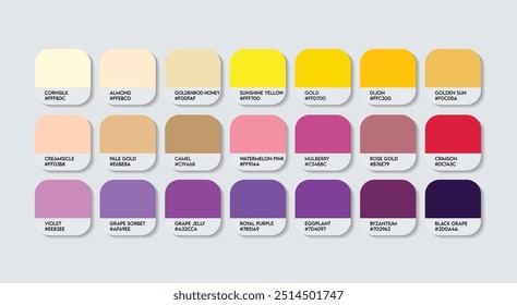 Paleta de colores amarillo y púrpura, púrpura y amarillo Guía de colores Paleta con nombres de colores. Moda Trend Colores dulces con código RGB HEX y nombres. Vector fresco de la paleta del color de la bebida, índigo con amarillo