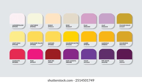 Yellow and Purple Color Palette, Purple and Yellow Color Guide Palette with Color Names. Fashion Trend Sweet Colors with RGB HEX code and Names. Cool Drink Color Palette Vector, Indigo with Yellow