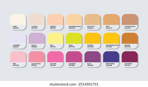 Paleta de colores amarillo y púrpura, púrpura y amarillo Guía de colores Paleta con nombres de colores. Moda Trend Colores dulces con código RGB HEX y nombres. Vector fresco de la paleta del color de la bebida, índigo con amarillo