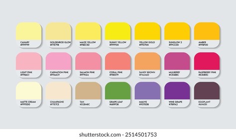 Paleta de colores amarillo y púrpura, púrpura y amarillo Guía de colores Paleta con nombres de colores. Moda Trend Colores dulces con código RGB HEX y nombres. Vector fresco de la paleta del color de la bebida, índigo con amarillo