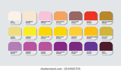 Paleta de colores amarillo y púrpura, púrpura y amarillo Guía de colores Paleta con nombres de colores. Moda Trend Colores dulces con código RGB HEX y nombres. Vector fresco de la paleta del color de la bebida, índigo con amarillo