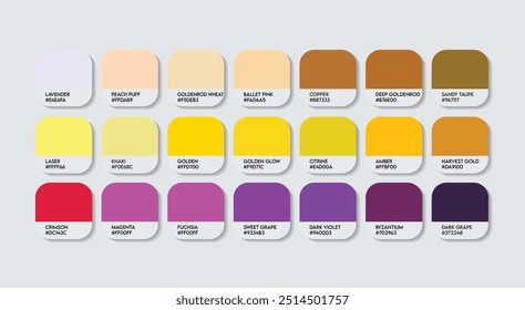 Paleta de colores amarillo y púrpura, púrpura y amarillo Guía de colores Paleta con nombres de colores. Moda Trend Colores dulces con código RGB HEX y nombres. Vector fresco de la paleta del color de la bebida, índigo con amarillo