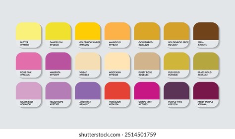 Paleta de colores amarillo y púrpura, púrpura y amarillo Guía de colores Paleta con nombres de colores. Moda Trend Colores dulces con código RGB HEX y nombres. Vector fresco de la paleta del color de la bebida, índigo con amarillo