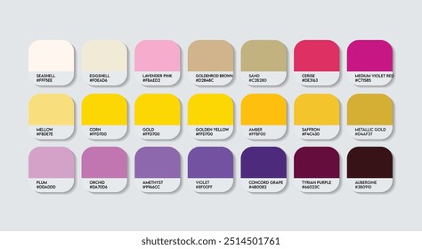 Paleta de colores amarillo y púrpura, púrpura y amarillo Guía de colores Paleta con nombres de colores. Moda Trend Colores dulces con código RGB HEX y nombres. Vector fresco de la paleta del color de la bebida, índigo con amarillo