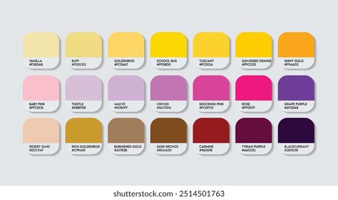 Paleta de colores amarillo y púrpura, púrpura y amarillo Guía de colores Paleta con nombres de colores. Moda Trend Colores dulces con código RGB HEX y nombres. Vector fresco de la paleta del color de la bebida, índigo con amarillo