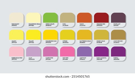 Paleta de colores amarillo y púrpura, púrpura y amarillo Guía de colores Paleta con nombres de colores. Moda Trend Colores dulces con código RGB HEX y nombres. Vector fresco de la paleta del color de la bebida, índigo con amarillo