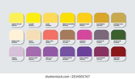 Paleta de colores amarillo y púrpura, púrpura y amarillo Guía de colores Paleta con nombres de colores. Moda Trend Colores dulces con código RGB HEX y nombres. Vector fresco de la paleta del color de la bebida, índigo con amarillo