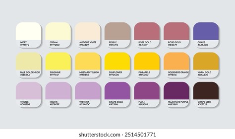 Paleta de colores amarillo y púrpura, púrpura y amarillo Guía de colores Paleta con nombres de colores. Moda Trend Colores dulces con código RGB HEX y nombres. Vector fresco de la paleta del color de la bebida, índigo con amarillo