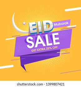 Yellow and purple color of website header or banner design for Eid Sale, Up To 25% Off in pop art style.