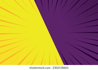 Yellow and purple comics rays background with halftones. Vector backdrop illustration.