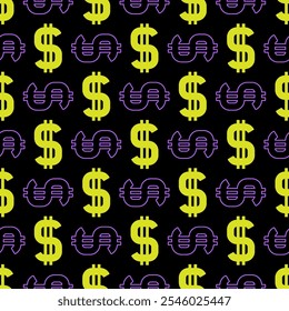 Yellow and purple dollar signs isolated on black background. Seamless pattern. Vector simple flat graphic illustration. Texture.