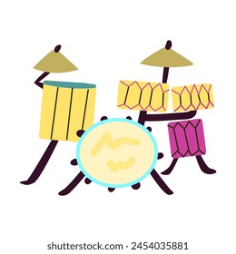 Gelbe und lila Trommeln setzen Vektorgrafik-Design. Trommelset in flacher Vektorillustration isoliert. Trommelset mit Becken, Musikinstrumenten, Clipart. Percussion Instrumente Familie für Konzert. 