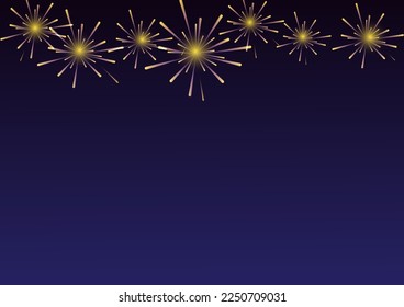 Yellow and purple fireworks with holiday celebration symbols on blue and black color background, empty space for display logo and content, creative design vector illustration.