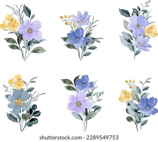 Yellow purple floral bouquet collection with watercolor for background, wedding, fabric, textile, greeting, card, wallpaper, banner, sticker, decoration etc.
