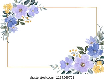 Yellow purple floral watercolor golden frame for wedding, birthday, card, background, invitation, wallpaper, sticker, decoration etc.
