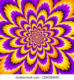 Yellow and purple  flower with orange spirals. Optical expansion illusion.