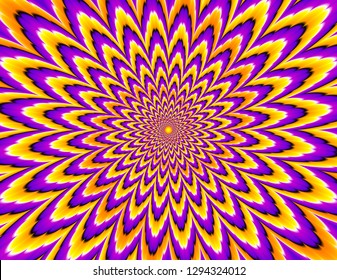 Yellow and purple  flower with orange spirals. Motion illusion.