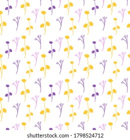 Gelbe und violette Blumenmuster einzeln auf weißem Hintergrund für Modedrucke