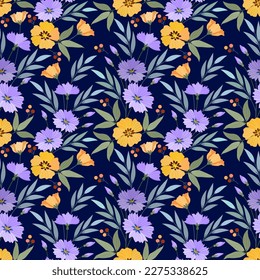 Yellow and purple flowers seamless pattern for fabric textile wallpaper.