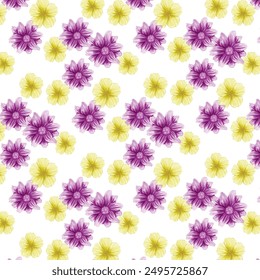 Yellow purple flowery pattern. Field flower textile ornate