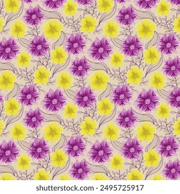 yellow purple flowery pattern with outline leaves