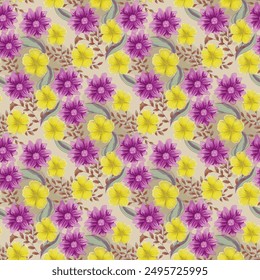 Yellow and purple flowery seamless pattern. Textile print