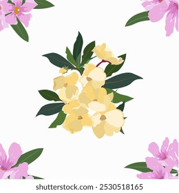 Yellow and purple frangipani flowers on a white background

