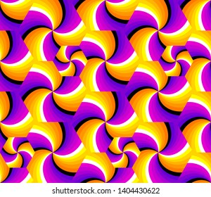 Yellow and purple hexagons. Spin illusion. Seamless pattern.