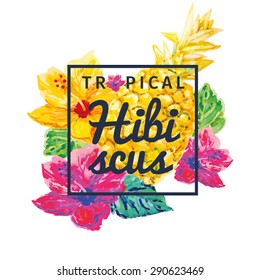 Yellow and purple hibiscus with leaves on the white background. Watercolor print for t-shirt with tropical flowers and fruit in the square frame.